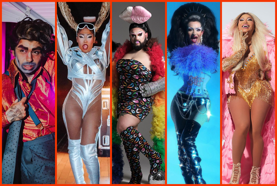 A collage showcasing five Boston drag kings and queens in an array of flamboyant and elaborate makeup and outfits.