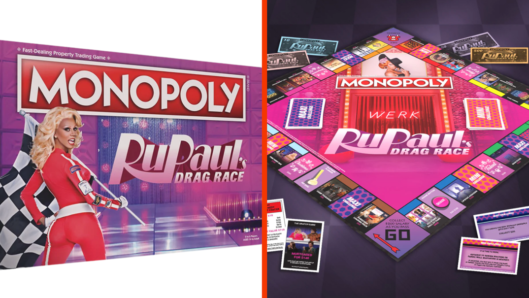 Two-panel image. On the left, the box for the RuPaul's Drag Race Monopoly game, featuring RuPaul in a red jumpsuit holding a black-and-white checkered board. In the right panel, the pink and purple game board is splayed out on a table with game cards scattered around.