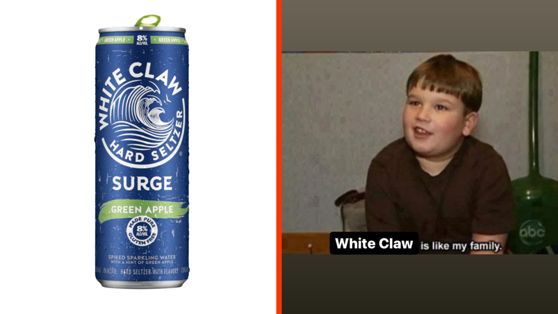 Two-panel image. On the left, the blue tall-boy aluminum can for White Claw Surge, reading the flavor "Green Apple" in green. On the right, a screenshot of a young boy smiling from an episode of "Wife Swap," Photoshopped to say "White Claw is like my family."