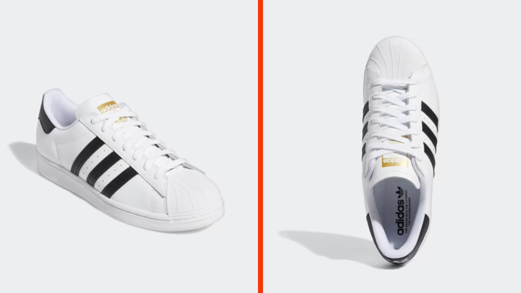 Two-panel image. On the left, a white Adidas Superstar street shoe with three navy stripes on the side and one along the heel. On the right, the same shoe from a bird's eye view.