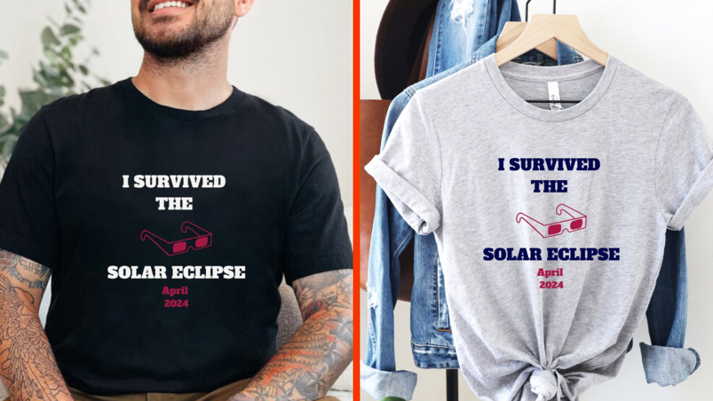 Two-panel image. On the left, a man smiling and sitting wearing a black shirt that reads: "I Survived the Solar Eclipse / April 2024" in white lettering with an illustration of eclipse glasses. The top half of his face is out of frame and he has sleeves of tattoos on both arms. In the right panel, the same shirt in gray on a wooden hanger amongst a rack of other clothes.