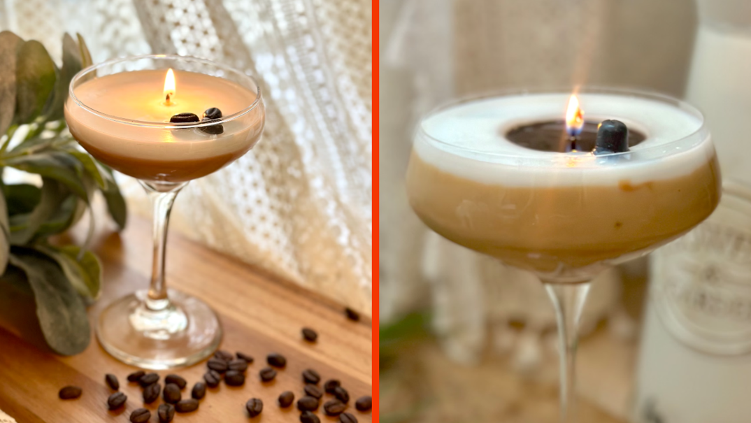 Two panel image. On the left, a martini glass filled with tan wax to resemble an espresso martini, but it's a lit candle with three espresso beans on top. On the right, the same candle from a closer angle.