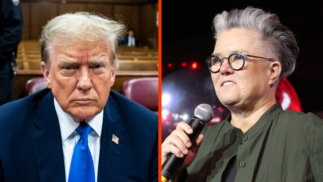 Two-panel image. On the left, Donald Trump sits in a navy suit during proceedings for his New York criminal trial. On the right, Rosie O'Donnell smiles talking into a microphone at the 2024 Queerties.