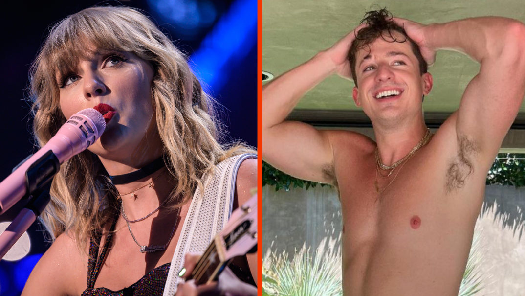 Two-panel image. On the left, Taylor Swift plays guitar on stage and sings into a pink microphone. On the right, Charlie Puth stands wet and shirtless with his hands on his head.