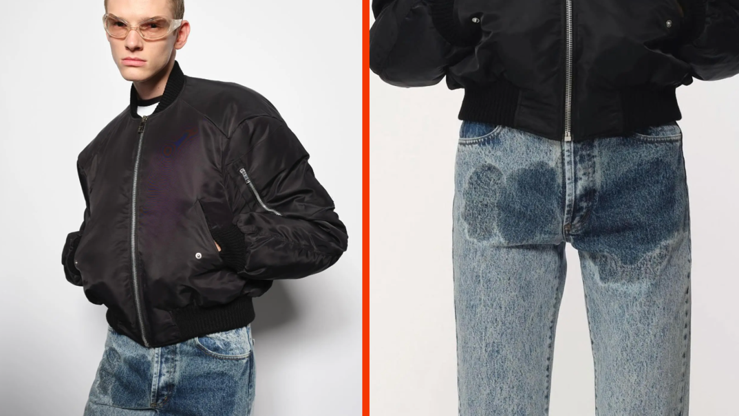 Two-panel image. On the left, a model wears Jordanluca's Stain Stonewash jeans, which look like they have a pee stain in the crotch. On the right, a close-up on the jeans.