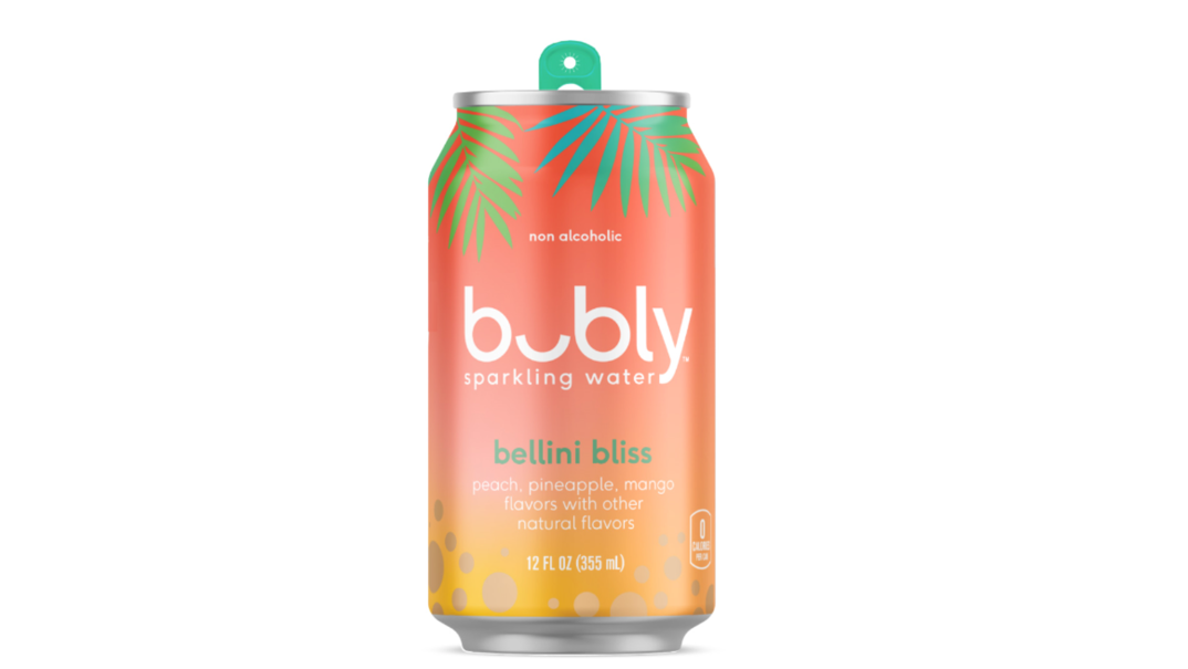 A pink, sunset colored can of Bubly's Bellini Bliss sparkling water with its green tab popped up.