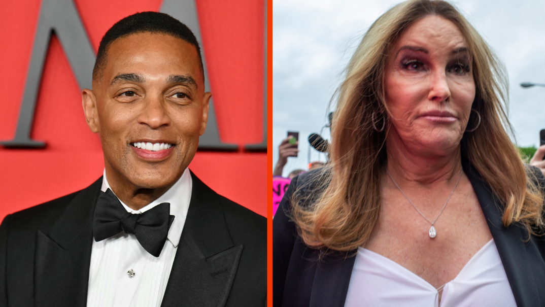 Two panel image. On the left, Don Lemon smiles in a suit in front of a step and repeat. On the right, Caitlyn Jenner grimaces outside amongst protestors. 