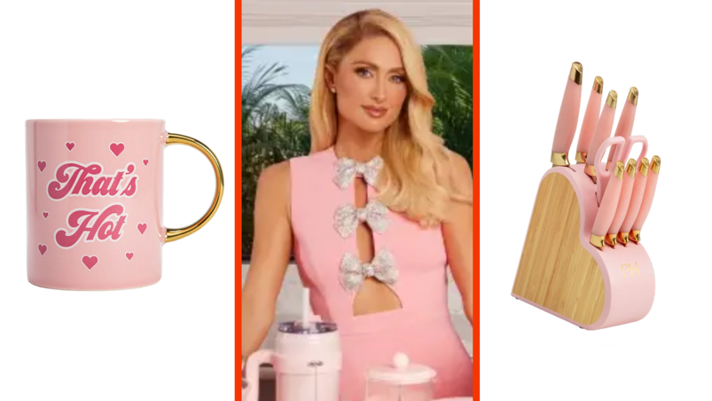 Three-panel image. In the left panel, a pink mug that reads "That's Hot." In the middle, Paris Hilton wears a pink dress and smiles next to a counter full of cookware. On the right, a wooden knife block shaped like a heart filled with pink and gold handled knives.