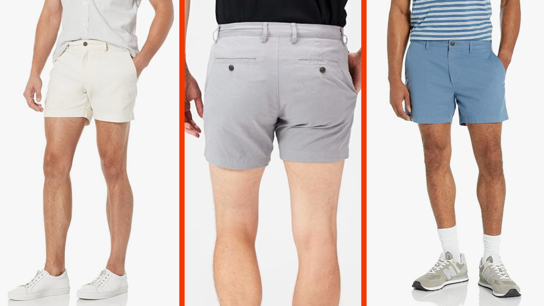 Three-panel image. In each panel, the bottom half of a man wearing tightly fit 5" inseam shorts and posing. In the first panel, a man in white shorts and shoes with his hand in his left pocket. In the middle, the backside of a man in charcoal gray shorts and a black tee. On the right, a man in blue shorts and a blue and white striped shirt with his hand in his left pocket. He wears long white socks and sneakers.