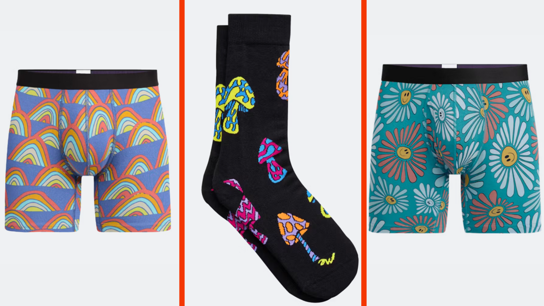 Three panel image. On the left, a purple pair of boxer briefs with a button fly with rainbow illustrations. In the middle, black crew socks with mushrooms. On the right, light blue boxer briefs with smiling daisy illustrations.