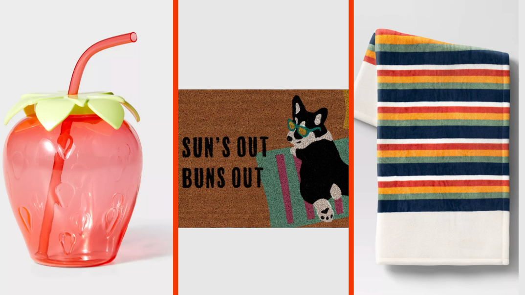 Three panel image. On the left, a transparent plastic strawberry cup with a red straw. In the middle, a doormat that reads "Sun's Out, Buns Out" with a corgi illustration laying on a towel. On the far right, a green, blue, red, yellow, and white striped cotton towel.