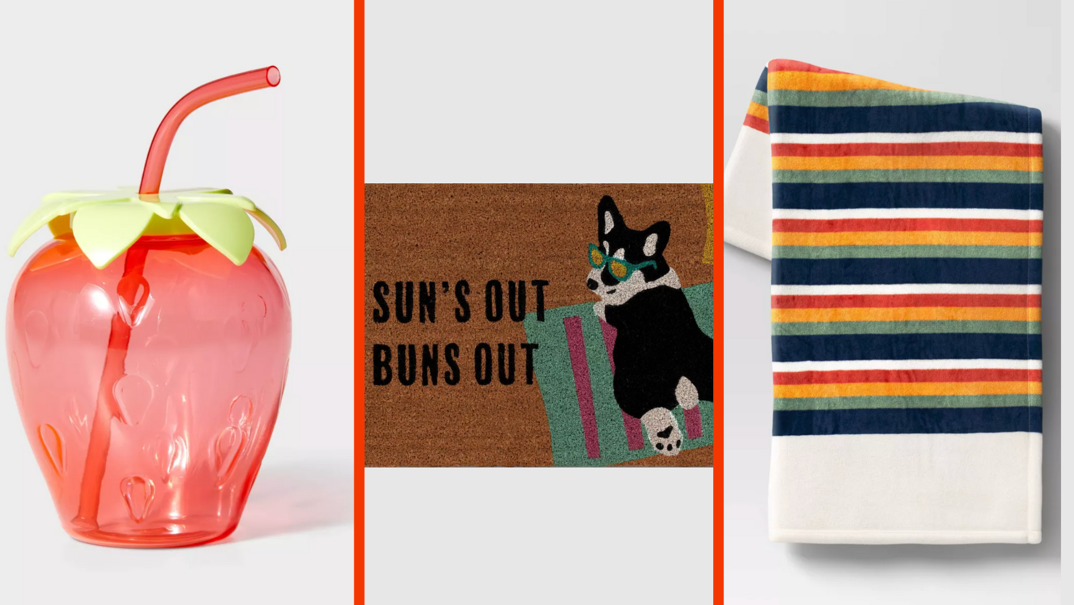 Three panel image. On the left, a transparent plastic strawberry cup with a red straw. In the middle, a doormat that reads