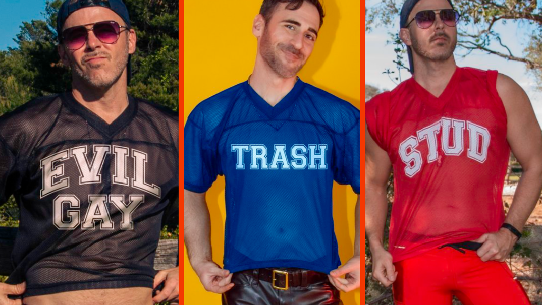 Three panel image of three men wearing translucent football jerseys. On the far left, a man wears a black top that reads "Evil Gay." In the middle, a man models a blue option reading "Trash." On the far right, a man stands posed in a red jersey reading "Stud."