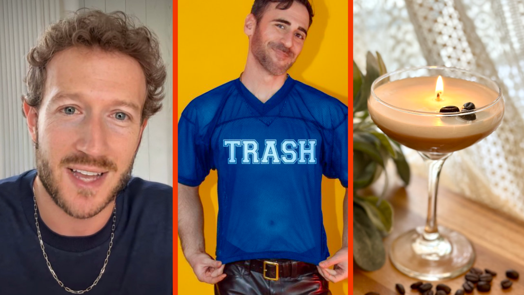 Three panel image. On the left, a photoshopped selfie of Mark Zuckerberg superimposing facial hair on him. In the middle, a dark haired model in a mesh jersey reading "Trash." On the far right, a candle resembling an espresso martini lit on a table.