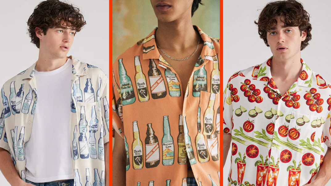 Three-panel image. In each panel, a model wears one of BDG's Drinks Printed Short Sleeves shirts. The left features blue colored beer bottles, the middle features orange hued beer bottles, and the right features a deconstructed Bloody Mary with tomatoes, celery, and a cup filled to the brim.