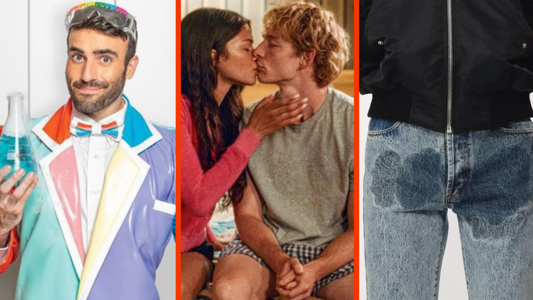 Three panel image. On the left, Rob Anderson in a colorful lab coat for his book "Gay Science." in the middle, Zendaya kisses Mike Faist in a scene from "Challengers." On the right, a pair of denim jeans that look like they have a pee stain.