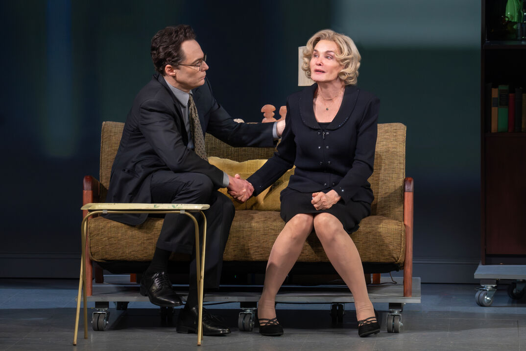 Jim Parson and Jessica Lange sit on a couch in a scene from "Mother Play."