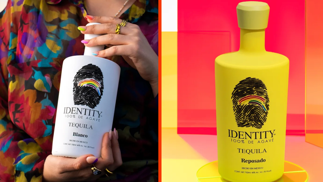 Two panel image. On the left, a woman with rainbow-colored nails holds a bottle of Identity Spirits' Blanco Tequila. On the right, a yellow Identity Spirits bottle of Reposado tequila sits on display.