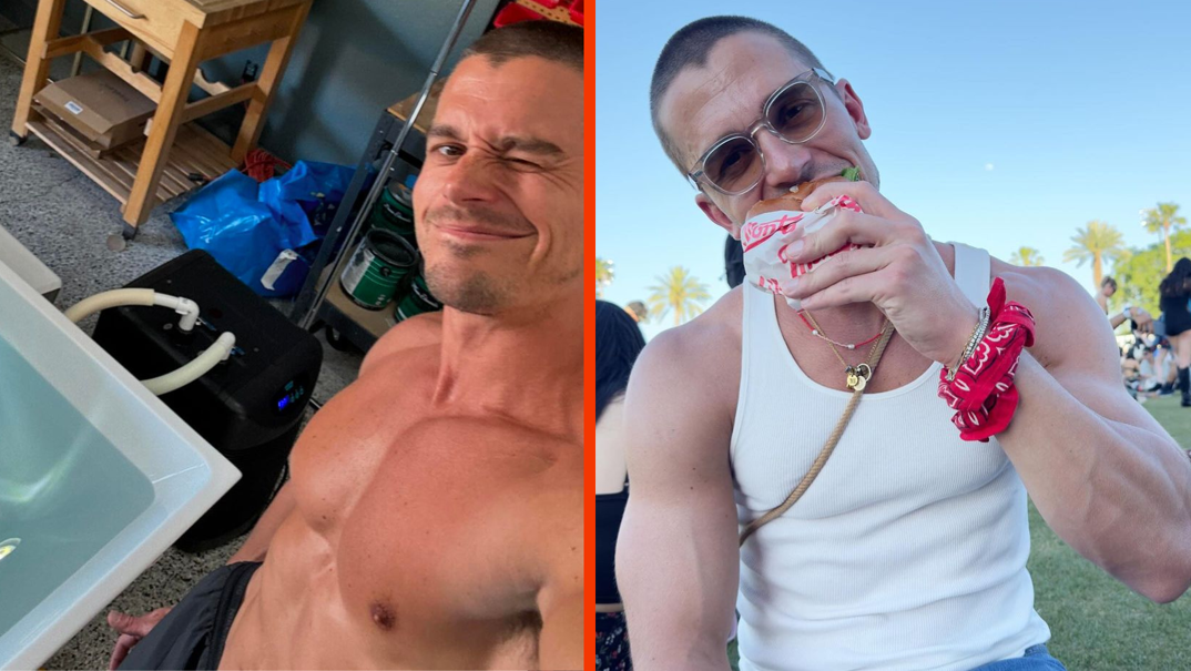Two panel image. On the left, Antoni Porowski with a freshly shaved head stands shirtless in and smiles for a selfie. On the right, he wears a white tank top and sun glasses, taking a bite of a burger at Coachella.