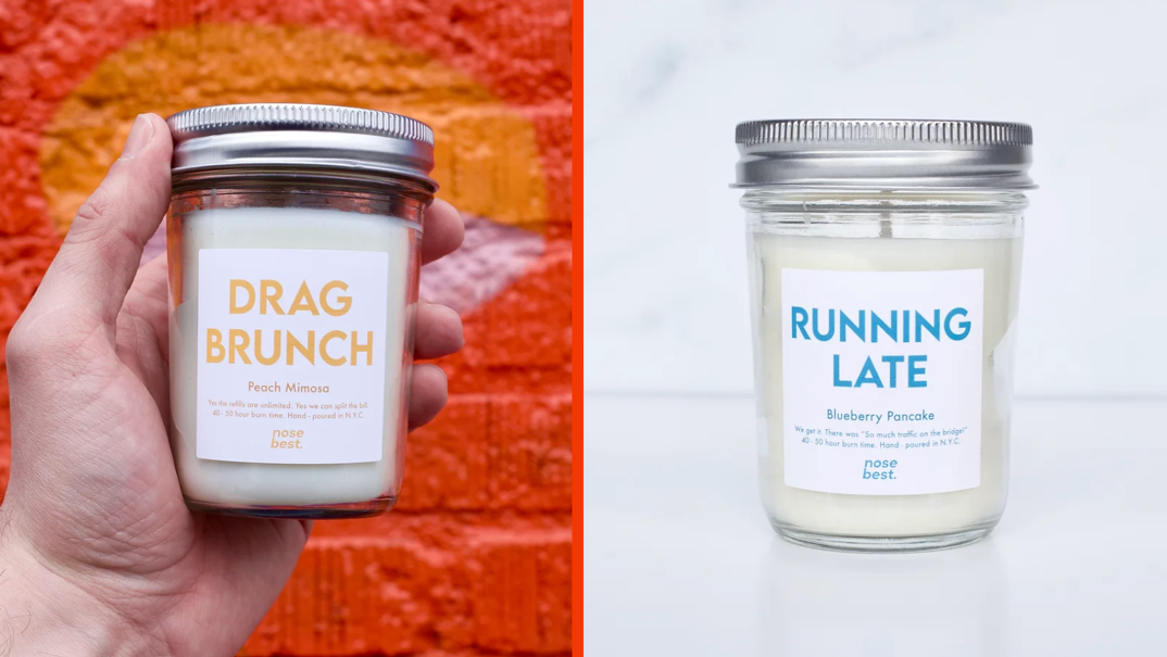 Two panel image showcasing Nose Best's candles. On the left, a candle held in front of an orange wall reading
