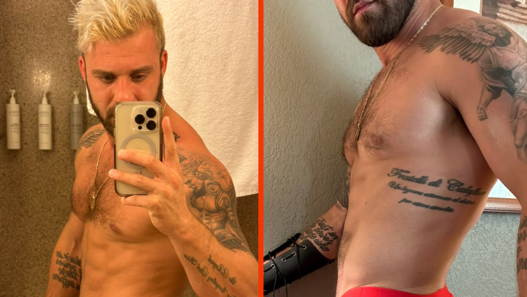 Two panel image. On the left, Paulie Calafiore poses shirtless in his bathroom mirror in a black jockstrap taking a pic on his iPhone. On the right, he models a red jock strap while posing against a wall.