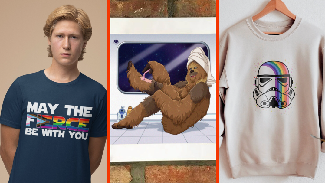 Three panel image. On the left, a male model wearing a shirt reading