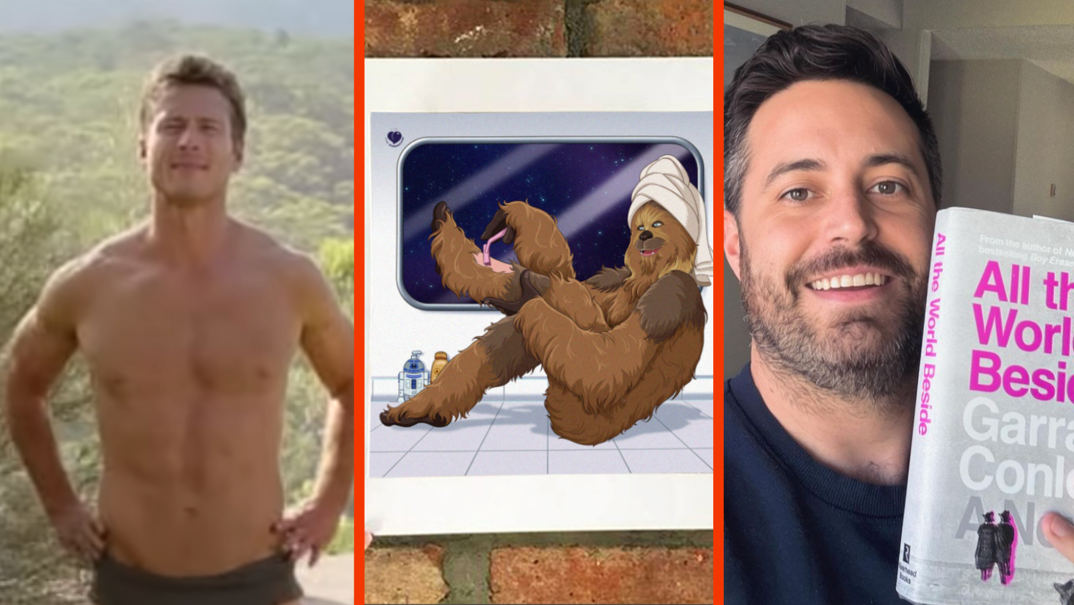 Three panel image. On the left, Glen Powell stands in a pair of briefs outdoors in a scene from "Anyone But You." In the middle, a print featuring an illustrated Chewbacca shaving his legs. On the far right, author Garrard Conley smiles holding up a copy of his new book "All the World Beside."