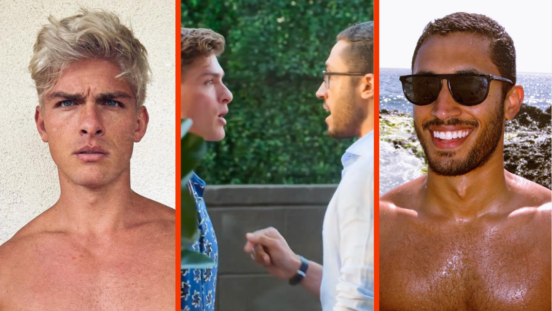 Three panel image. On the left, realtor Austin Victoria with bleach blonde hair grimaces shirtless. In the middle, Victoria and fellow 'Selling the OC' realtor and star Sean Palmieri speak outside in a heated argument. On the right, Pamieri smiles in sunglasses shirtless on a beach.