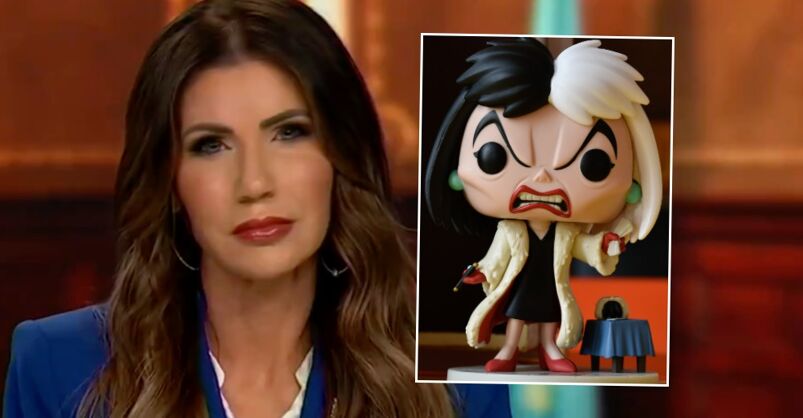 Kristi Noem and (inset) a Cruella De Vil doll