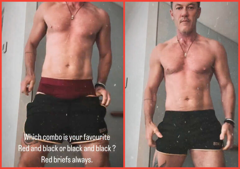 Two-panel image of Luke Evans posing shirtless in a pair of black shorts. On the left, captioned text reads: "Which combo is your favourite? Red and black or black and black? Red briefs always."