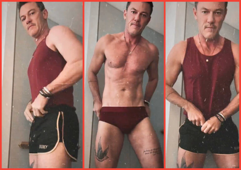 Three-panel image of Luke Evans getting ready in an Instagram video. From left to right: he poses profile-wise in a red tank and black shorts; in the middle, he adjusts a pair of red briefs; on the right, he tucks his red tank top into his shorts.
