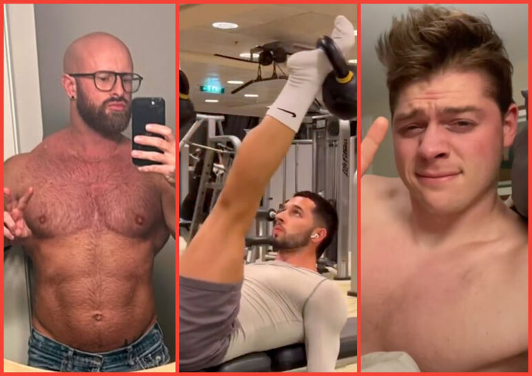 Three-panel image. From left to right: a hairy chested influencer smiles and throws up a peace sign in the mirror, a fitness influencer works out on a workout bench; Carter Kale smiles and holds up a peace sign shirtless in bed.