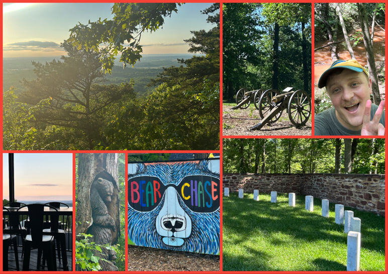 Seven-panel image. Clockwise: Bear's Den Overlook pictured at sunset, a cannon shooter at Ball's Bluff, the author pictured at Ball's Bluff near water, the national cemetery at the park, a sign for Bear Chase Brewing, a bear wooden carving in a tree, the patio view at Bear Chase.