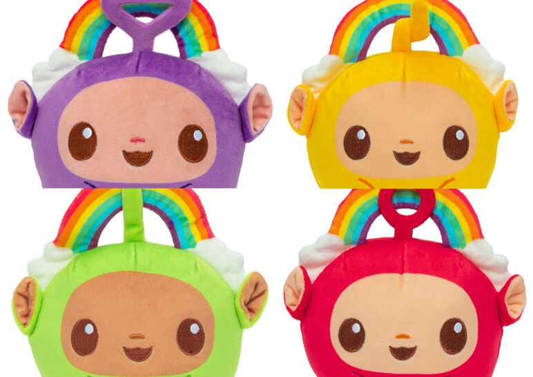 Four-panel image of TeeTurtle's reversible Teletubbie plushies with rainbows over their heads. Clockwise: Tinky Winky, Laa Laa, Po, and Dipsy.