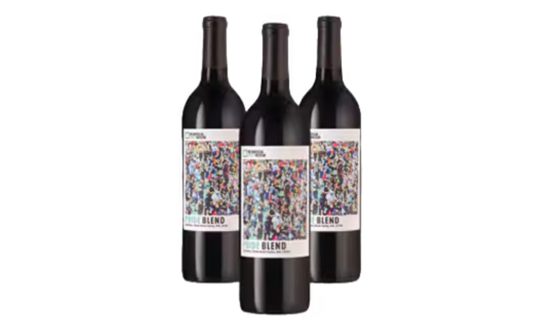 Three bottles of Laithwaites' Pride Blend Red Wine pictured in front of a white background.