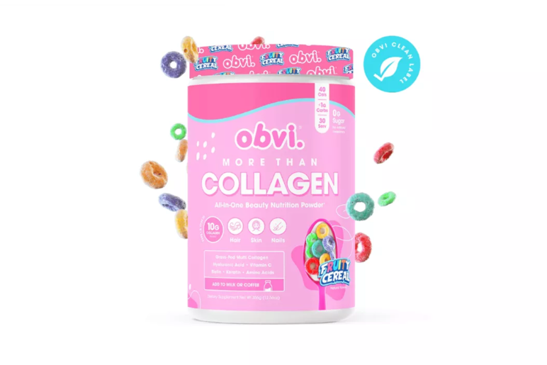A pink canister of Obvi's More Than Collagen powder flavored like breakfast cereal with froot loops surrounding it.