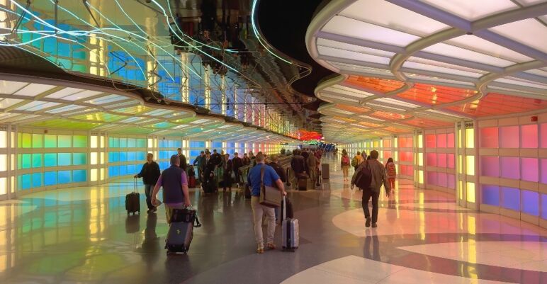 Colorful lighting in one of O'Hare's terminals in Chicago