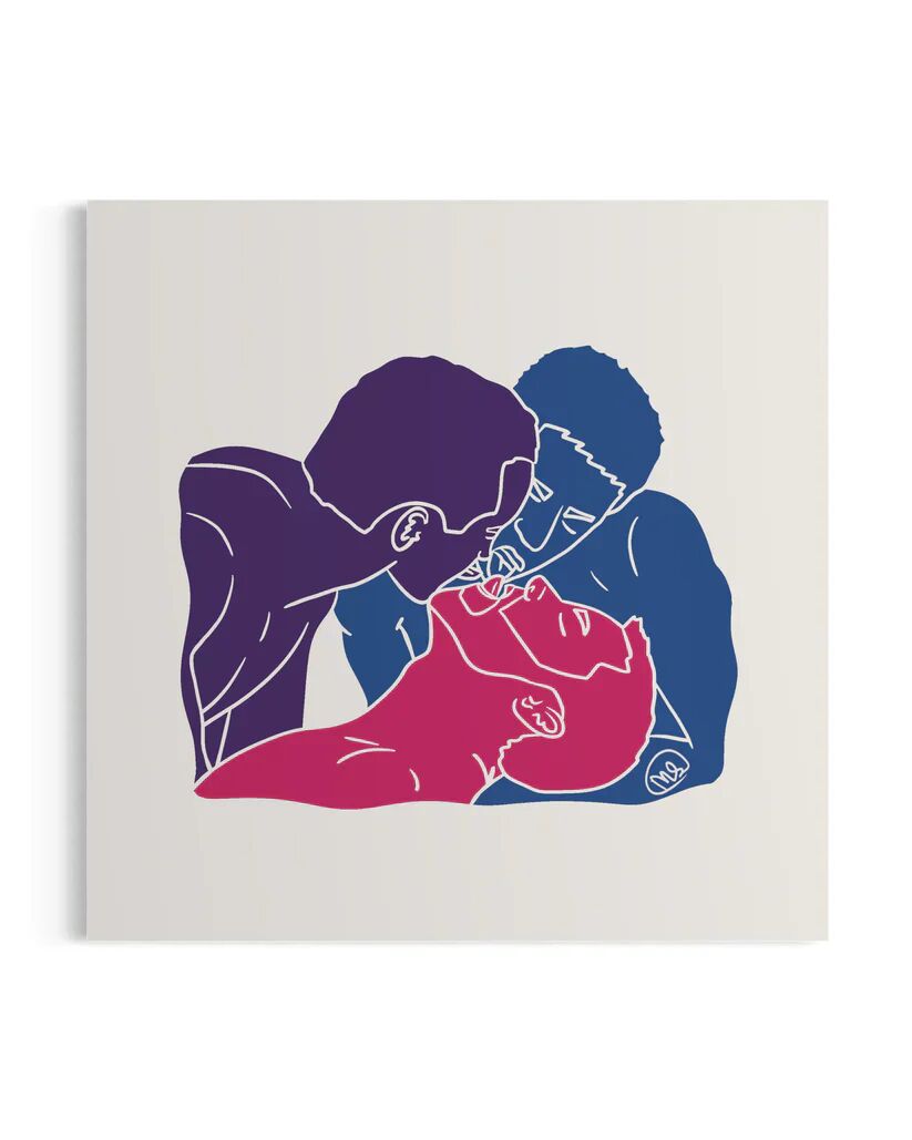 A vibrant illustration of three male-presenting figures in an intimate, tender arrangement—one in deep purple, one in blue, and one reclining in bright pink—depicted in bold, graphic silhouettes as they share affectionate kisses.