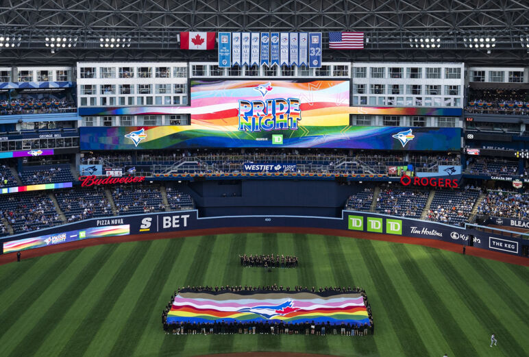 Pride Night before the Toronto Blue Jays play the Cleveland Guardians in their MLB game at the Rogers Centre on June 14, 2024 in Toronto, Ontario, Canada