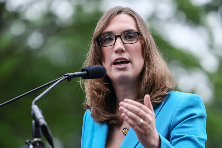 U.S. Rep Sarah McBride speaks during a rally opposing House Republicans Tax Proposal prior to the final House Vote on Capitol Hill on May 21, 2025 in Washington, DC.
