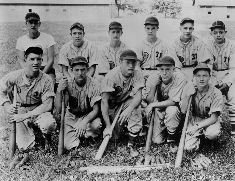 James Dean (front center) with his American Legion baseball teammates circa 1948 in Fairmount, Indiana. 
