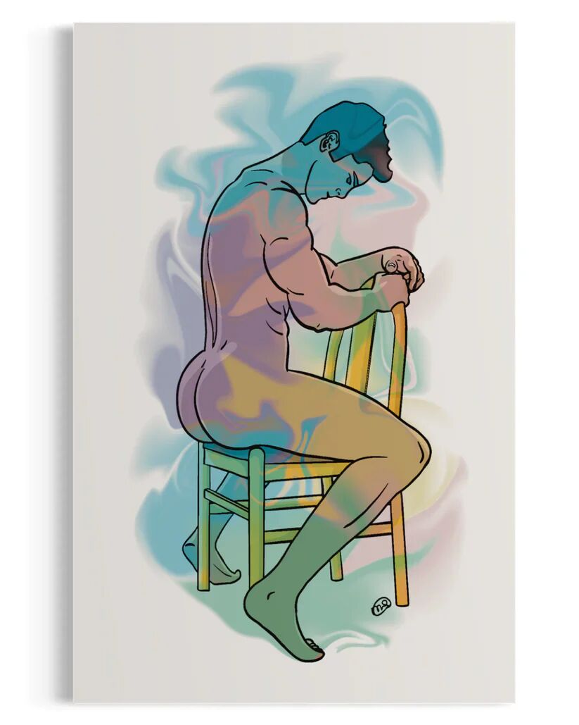 A stylized illustration of an unclothed male-presenting figure seated on a wooden chair, head bowed in a contemplative pose, with swirling rainbow hues blending across the body and background to create a dreamy, ethereal effect.