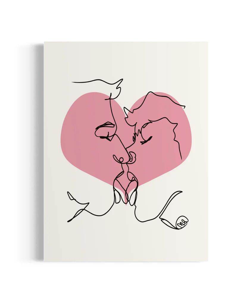 A minimalist line drawing of two abstract male figures kissing, their forms overlapping inside a soft pink heart.