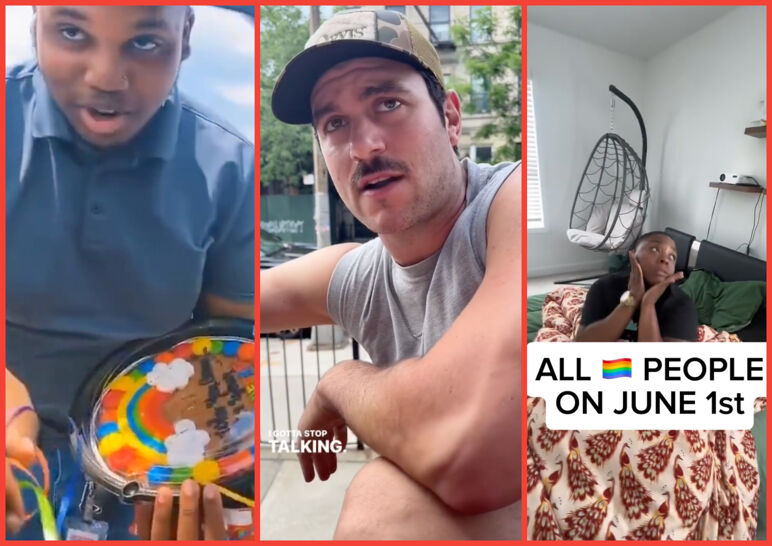 Three-panel image of LGBTQ+ Pride Month videos. From left to right: A man holds up a cookie cake in a car window; a guy gets one knee in front of a stoop in New York City; a woman lays in bed above the text "All gay people on June 1st."