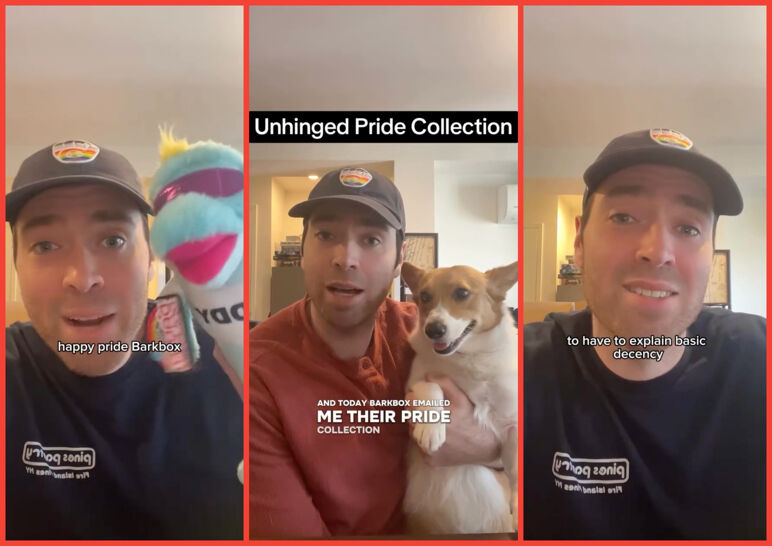Three-panel image of videos from comedian Spencer Meade. On the left, he holds up a Dolphin Daddy toy and says "Happy Pride BarkBox." In the middle, he poses with his Corgi. On the right, he talks into the camera.