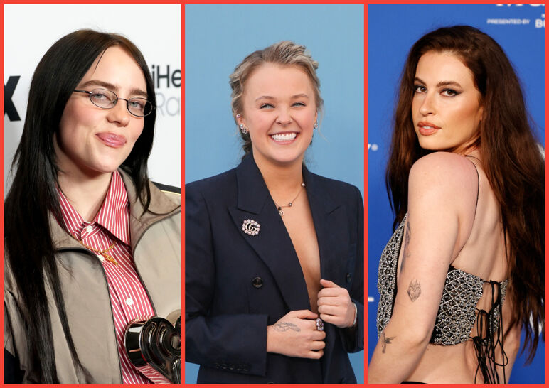 Three-panel image. From left to right: Billie Eilish, JoJo Siwa, and Fletcher.