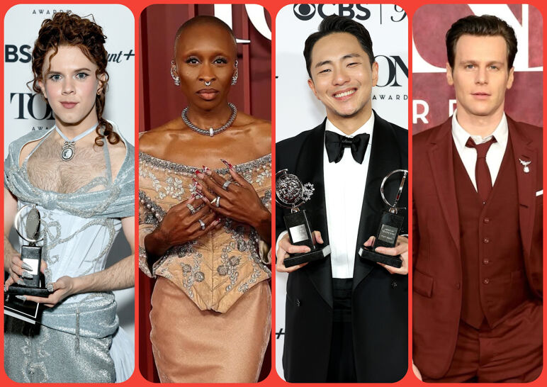 (l-r) Cole Escola, Cynthia Erivo, Hue Park, and Jonathan Groff at the 2025 Tony Awards.