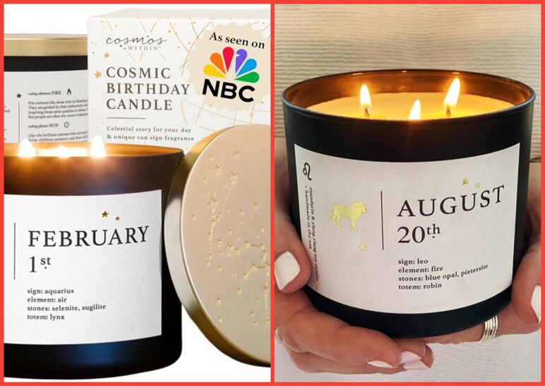 Two-panel image of the Cosmos Within Cosmic Birthday Candle. On the right, the candle displayed in front of its box and with its embossed lid. On the right, the candle is pictured lit.