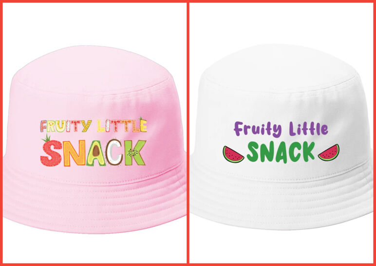 Two-panel image of Fruity Little Snack bucket hats. On the left, a pink hat with various fruit spelling out the words. On the right, a white hat featuring watermelon slices. 