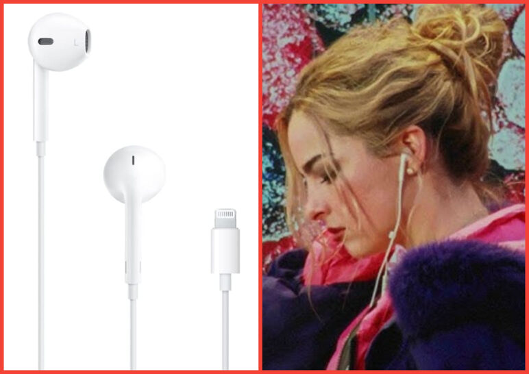 Two-panel image. On the left, a photo of EarPods on a white background. On the right, a screenshot of Addison Rae's "Headphones On" music video.